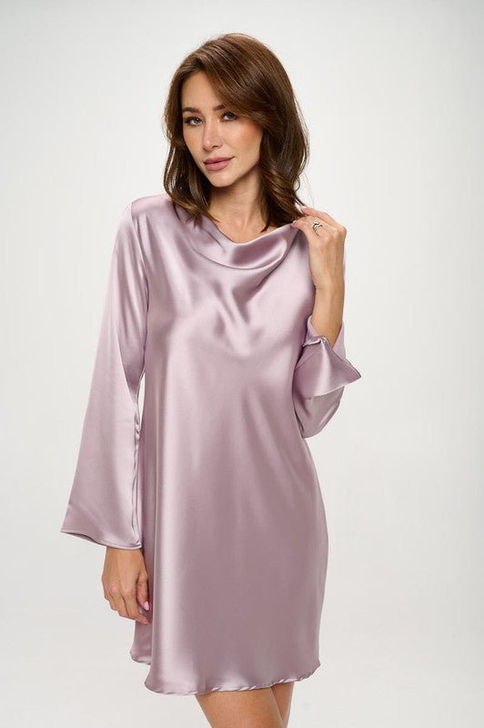 Satin Cowl Neck Long Sleeve Dress-0